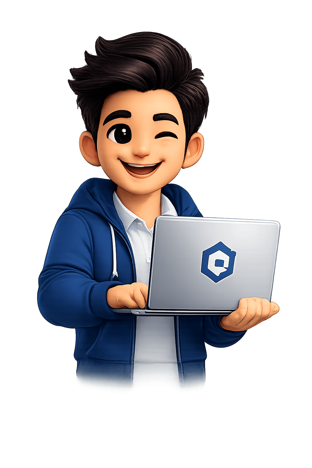 Maskot PropertiTrack membawa laptop